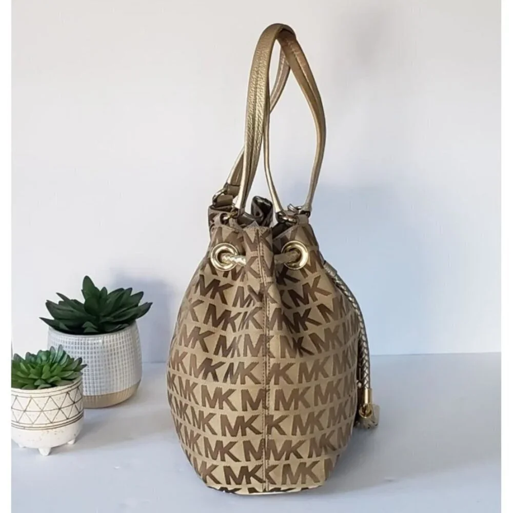 Michael Kors Jet Set Large Signature Gathered Hobo Satchel Tote Gold and Brown